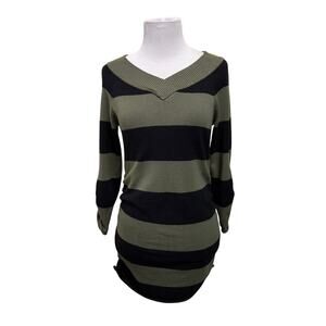 Love Always Sweater Ruched Side/Sleeve Wide V-Neck Olive Green and Black Size M